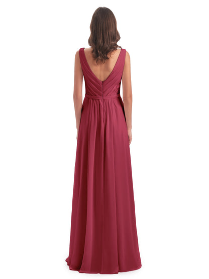 Kailee A-line V-neck Chiffon Long Bridesmaid Dresses