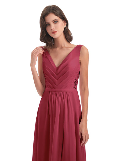 Kailee A-line V-neck Chiffon Long Bridesmaid Dresses