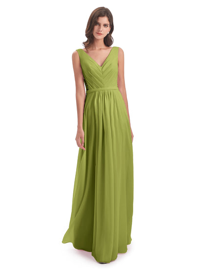 Kailee A-line V-neck Chiffon Long Bridesmaid Dresses