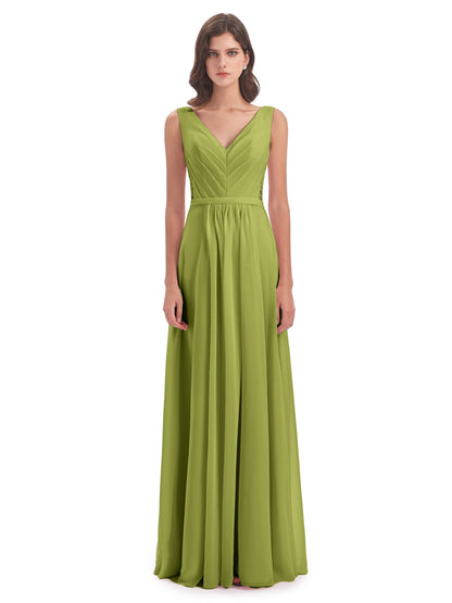 Kailee A-line V-neck Chiffon Long Bridesmaid Dresses