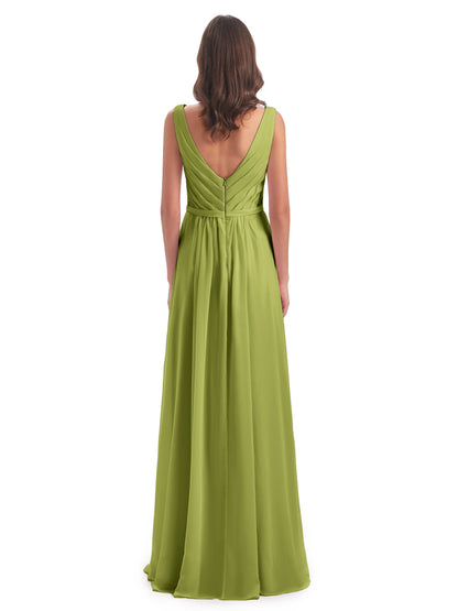 Kailee A-line V-neck Chiffon Long Bridesmaid Dresses