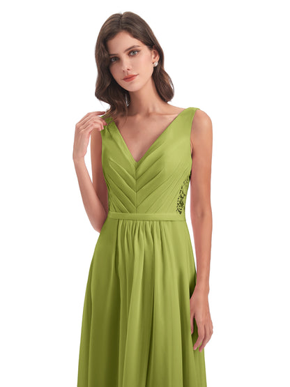 Kailee A-line V-neck Chiffon Long Bridesmaid Dresses