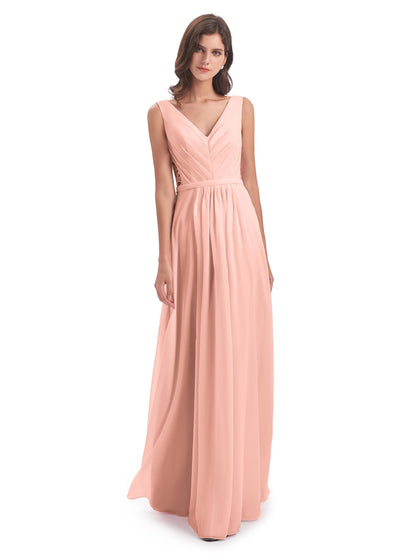Kailee A-line V-neck Chiffon Long Bridesmaid Dresses