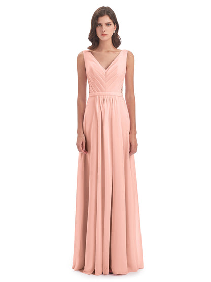Kailee A-line V-neck Chiffon Long Bridesmaid Dresses