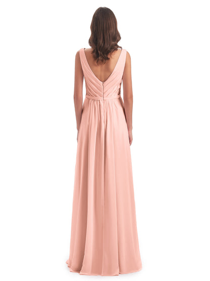 Kailee A-line V-neck Chiffon Long Bridesmaid Dresses