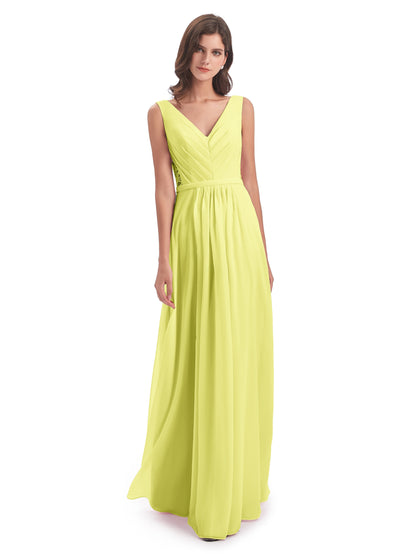 Kailee A-line V-neck Chiffon Long Bridesmaid Dresses