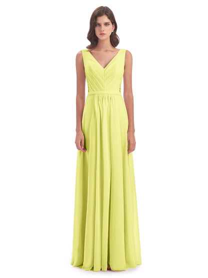 Kailee A-line V-neck Chiffon Long Bridesmaid Dresses