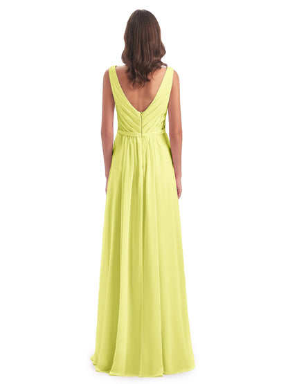 Kailee A-line V-neck Chiffon Long Bridesmaid Dresses