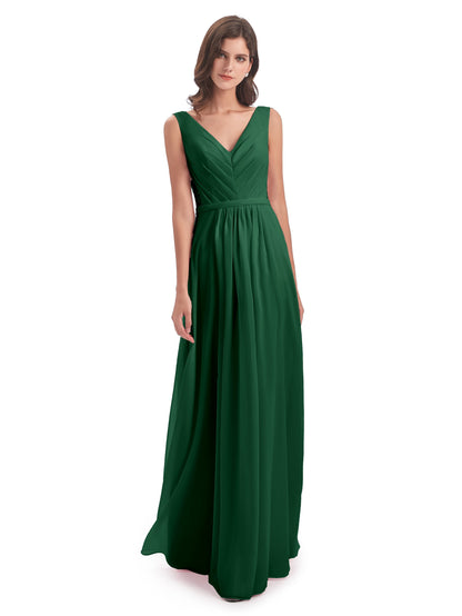 Kailee A-line V-neck Chiffon Long Bridesmaid Dresses