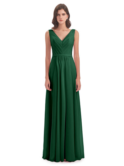 Kailee A-line V-neck Chiffon Long Bridesmaid Dresses