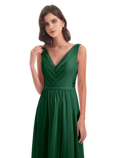 Kailee A-line V-neck Chiffon Long Bridesmaid Dresses