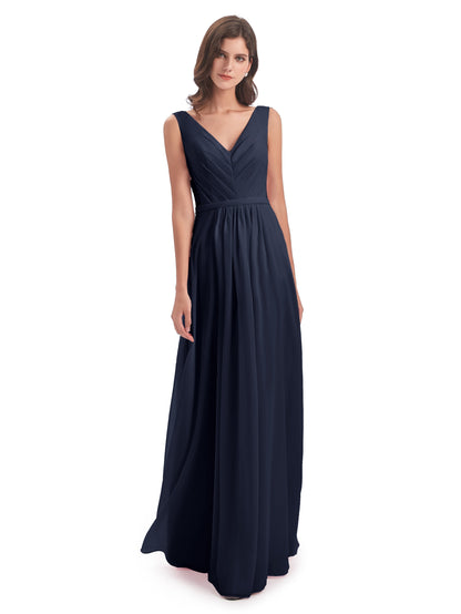Kailee A-line V-neck Chiffon Long Bridesmaid Dresses