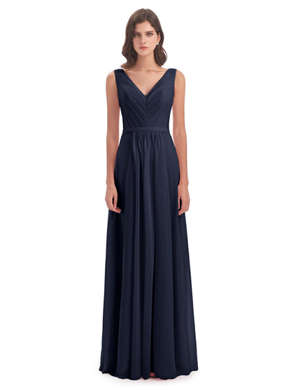 Kailee A-line V-neck Chiffon Long Bridesmaid Dresses