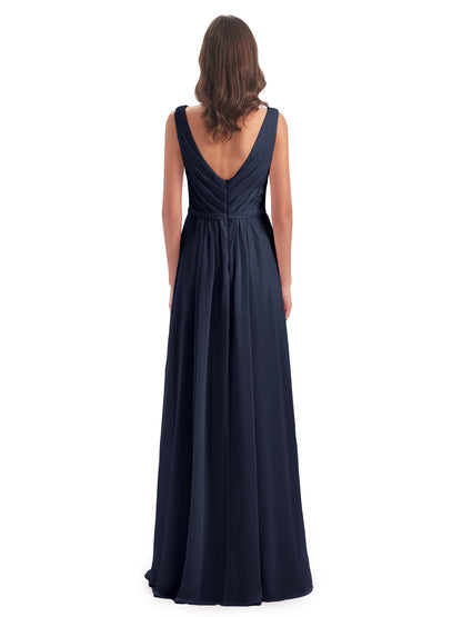 Kailee A-line V-neck Chiffon Long Bridesmaid Dresses