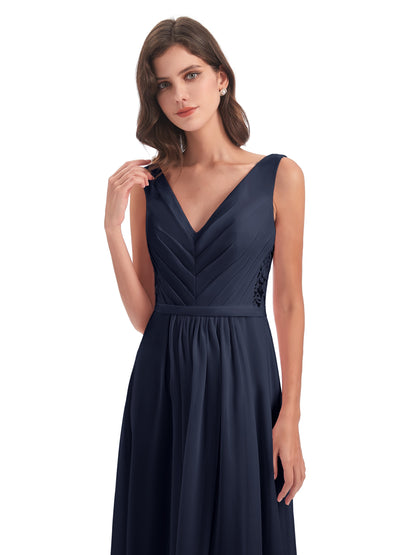 Kailee A-line V-neck Chiffon Long Bridesmaid Dresses