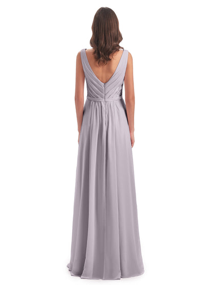 Kailee A-line V-neck Chiffon Long Bridesmaid Dresses