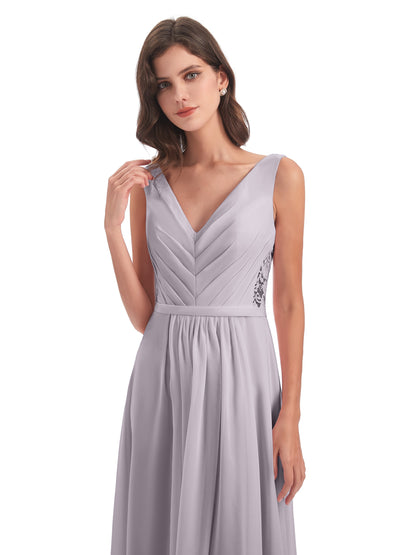 Kailee A-line V-neck Chiffon Long Bridesmaid Dresses