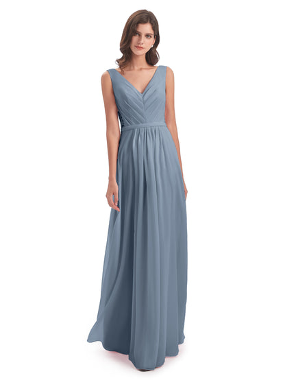 Kailee A-line V-neck Chiffon Long Bridesmaid Dresses