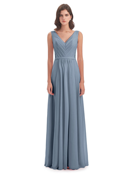 Kailee A-line V-neck Chiffon Long Bridesmaid Dresses