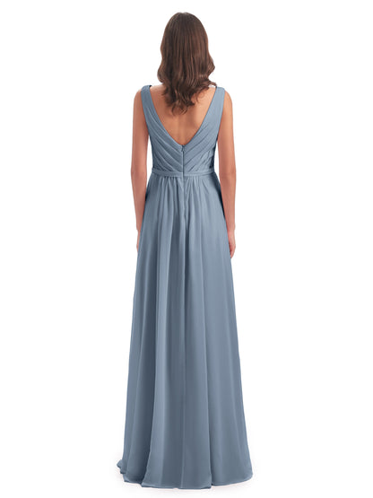 Kailee A-line V-neck Chiffon Long Bridesmaid Dresses