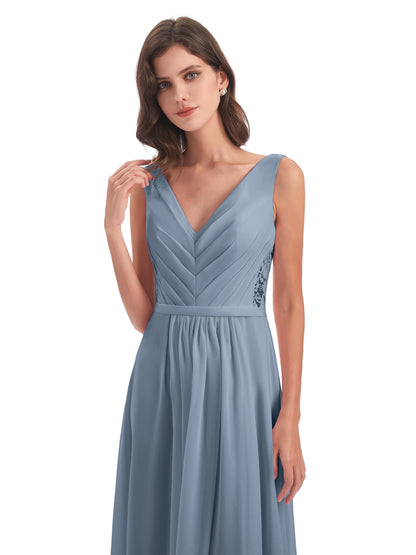 Kailee A-line V-neck Chiffon Long Bridesmaid Dresses