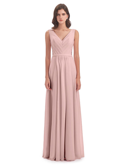 Kailee A-line V-neck Chiffon Long Bridesmaid Dresses