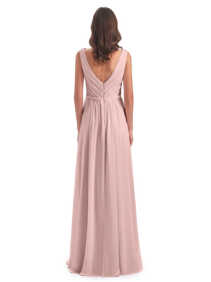 Kailee A-line V-neck Chiffon Long Bridesmaid Dresses