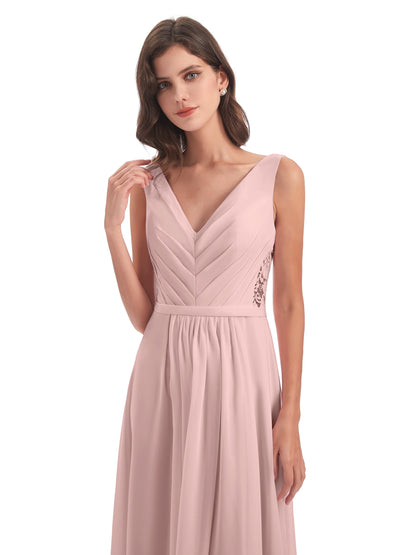 Kailee A-line V-neck Chiffon Long Bridesmaid Dresses