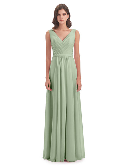 Kailee A-line V-neck Chiffon Long Bridesmaid Dresses