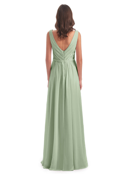 Kailee A-line V-neck Chiffon Long Bridesmaid Dresses