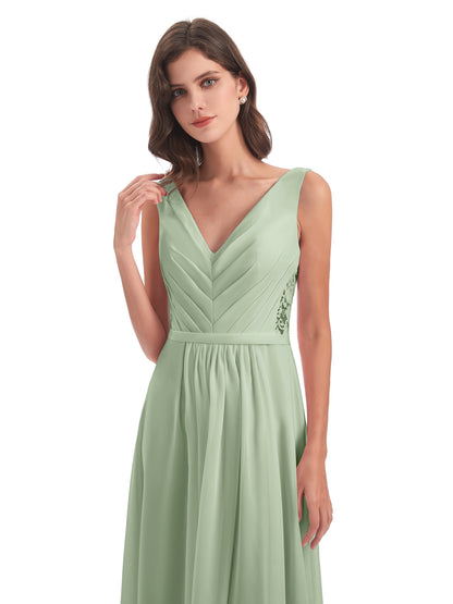 Kailee A-line V-neck Chiffon Long Bridesmaid Dresses