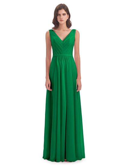 Kailee A-line V-neck Chiffon Long Bridesmaid Dresses