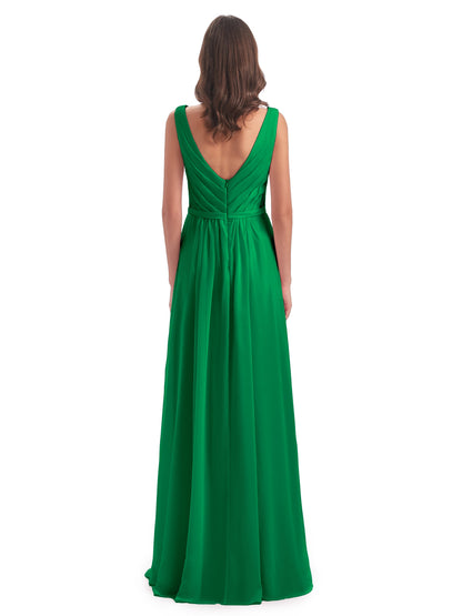 Kailee A-line V-neck Chiffon Long Bridesmaid Dresses