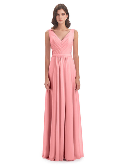 Kailee A-line V-neck Chiffon Long Bridesmaid Dresses