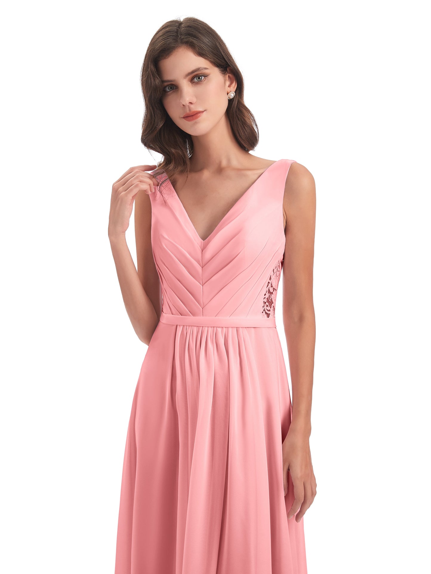 Kailee A-line V-neck Chiffon Long Bridesmaid Dresses