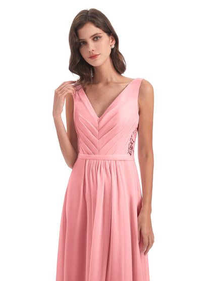 Kailee A-line V-neck Chiffon Long Bridesmaid Dresses