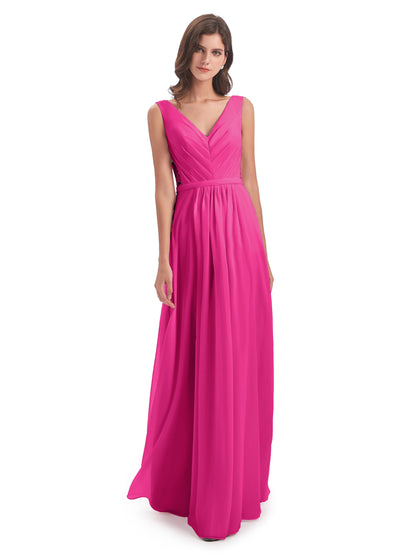 Kailee A-line V-neck Chiffon Long Bridesmaid Dresses