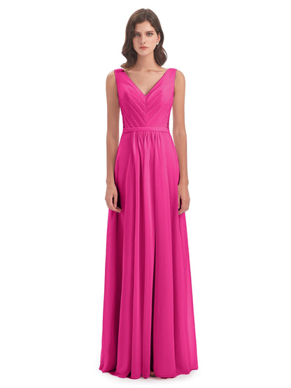 Kailee A-line V-neck Chiffon Long Bridesmaid Dresses