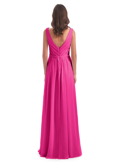Kailee A-line V-neck Chiffon Long Bridesmaid Dresses