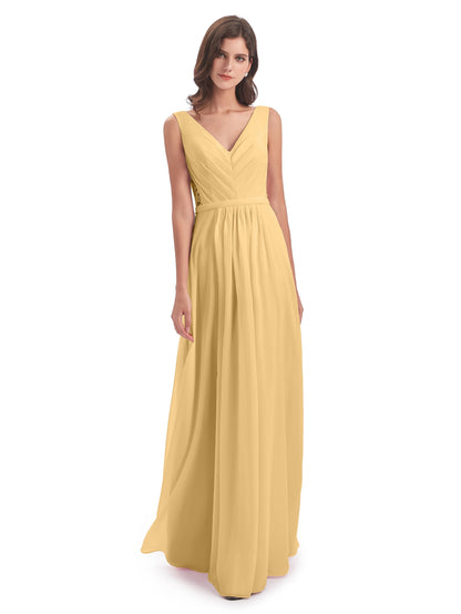 Kailee A-line V-neck Chiffon Long Bridesmaid Dresses