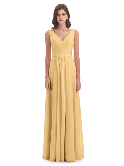 Kailee A-line V-neck Chiffon Long Bridesmaid Dresses