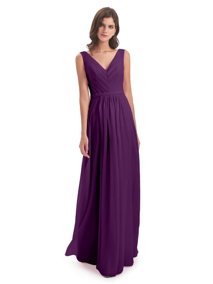 Kailee A-line V-neck Chiffon Long Bridesmaid Dresses