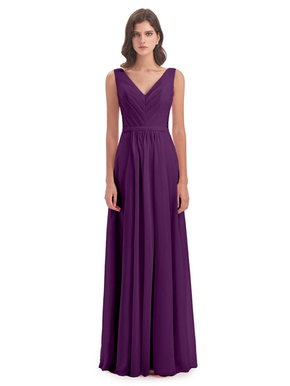 Kailee A-line V-neck Chiffon Long Bridesmaid Dresses