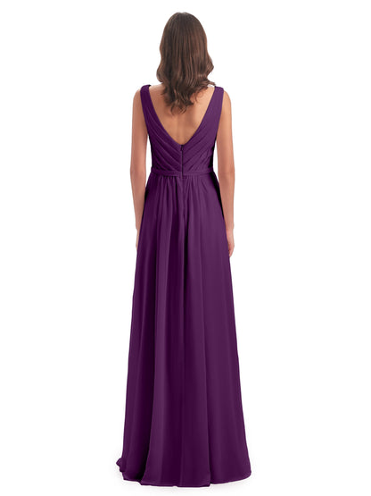 Kailee A-line V-neck Chiffon Long Bridesmaid Dresses