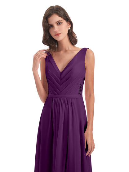 Kailee A-line V-neck Chiffon Long Bridesmaid Dresses