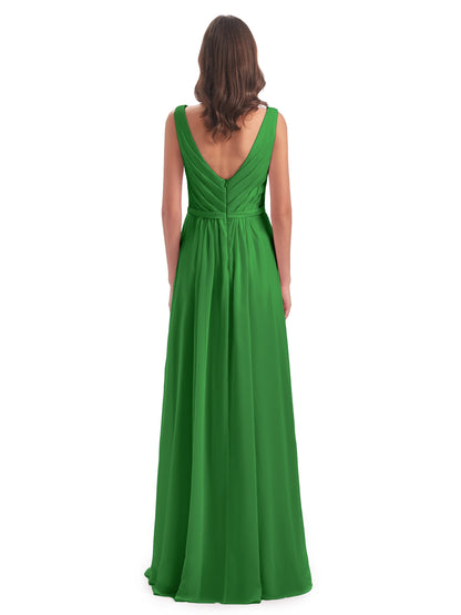 Kailee A-line V-neck Chiffon Long Bridesmaid Dresses