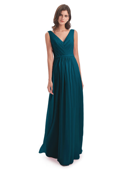 Kailee A-line V-neck Chiffon Long Bridesmaid Dresses