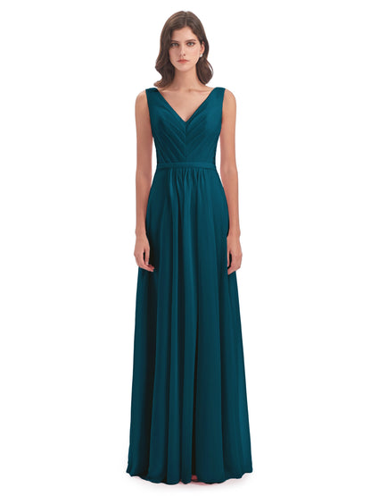 Kailee A-line V-neck Chiffon Long Bridesmaid Dresses