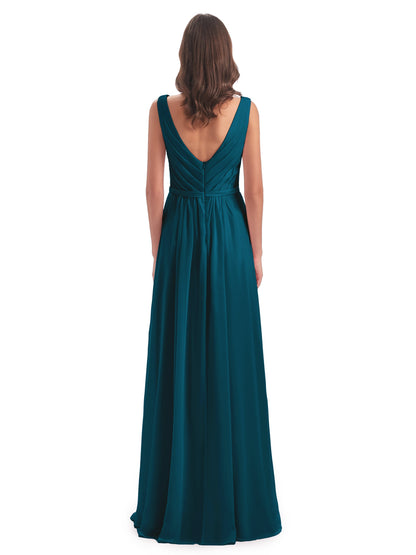 Kailee A-line V-neck Chiffon Long Bridesmaid Dresses