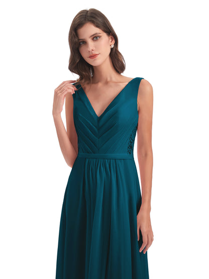 Kailee A-line V-neck Chiffon Long Bridesmaid Dresses